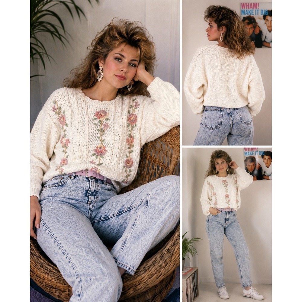 VTG 80's Hand Knitted Floral Cable Sweater L Cream Grandma Colleens Collectible